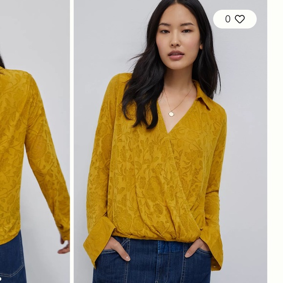 - ANTHROPOLOGIE Maeve Lydia Floral Burnout Wrap Top in Gold - Picture 2 of 4